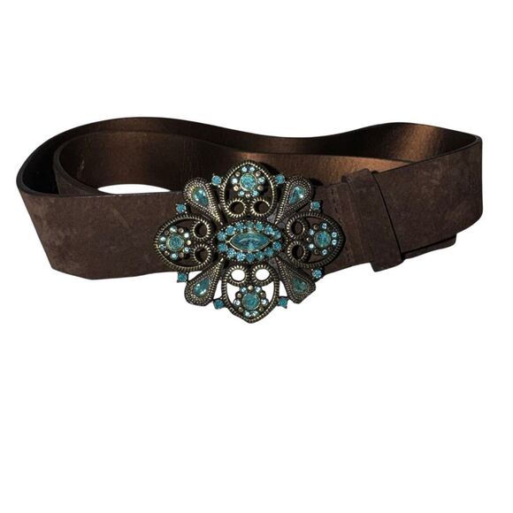 Lane Bryant Brown Genuine Leather Belt with Turquoise Floral Concho Buckle 18/20 main image 5